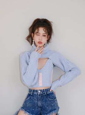 【清货折】 For Love and Lemons 淡蓝色针织高领长袖吊带两件套