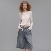 Label 25SS腰间系带短款 长袖 Vena t恤女纯色宽松直筒牛仔短裤