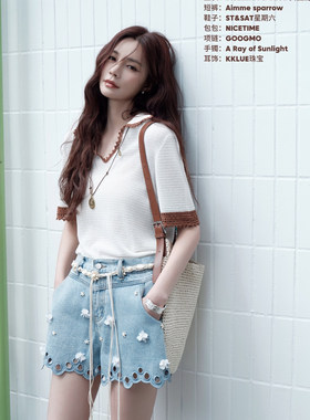 Aimme sparrow25SSS 蓝色立体花朵装饰腰带镂空牛仔短裤