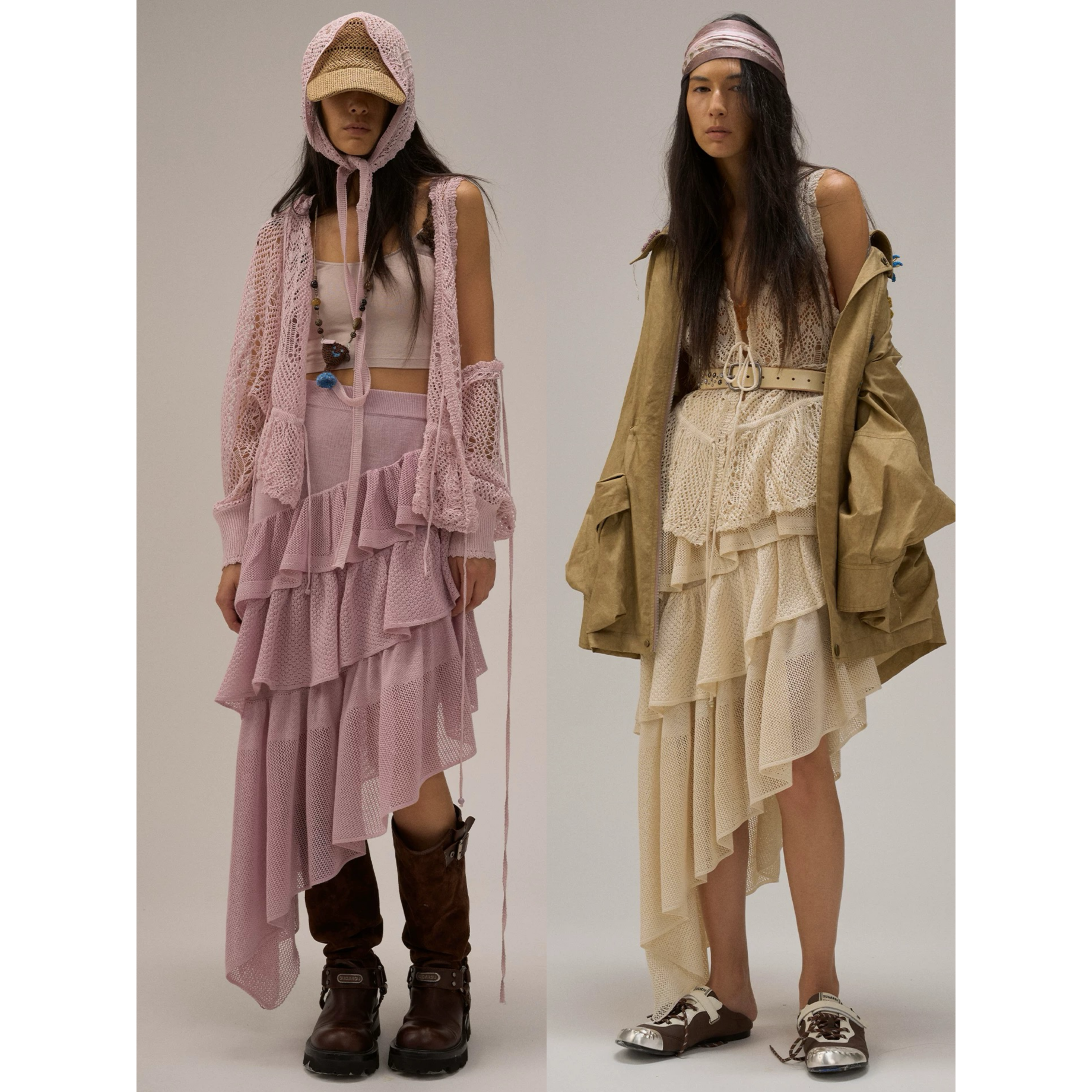 Shelle Artiste褶皱斜边不对称跳舞吧钩花披肩半裙女套装流浪风