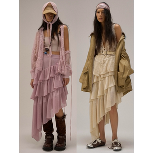 Shelle Artiste褶皱斜边不对称跳舞吧钩花披肩半裙女套装流浪风