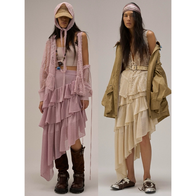 现货Shelle Artiste褶皱斜边不对称跳舞吧钩花披肩半裙女流浪风