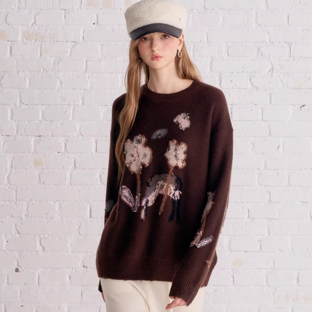 Aimme sparrow25FW 棕色花朵贴布莫毛衣外套