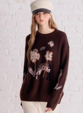 Aimme sparrow25FW 棕色花朵贴布莫毛衣外套