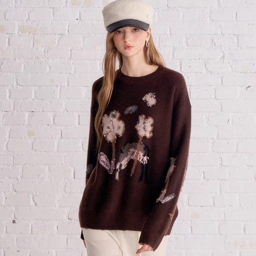 Aimme sparrow25FW 棕色花朵贴布莫毛衣外套