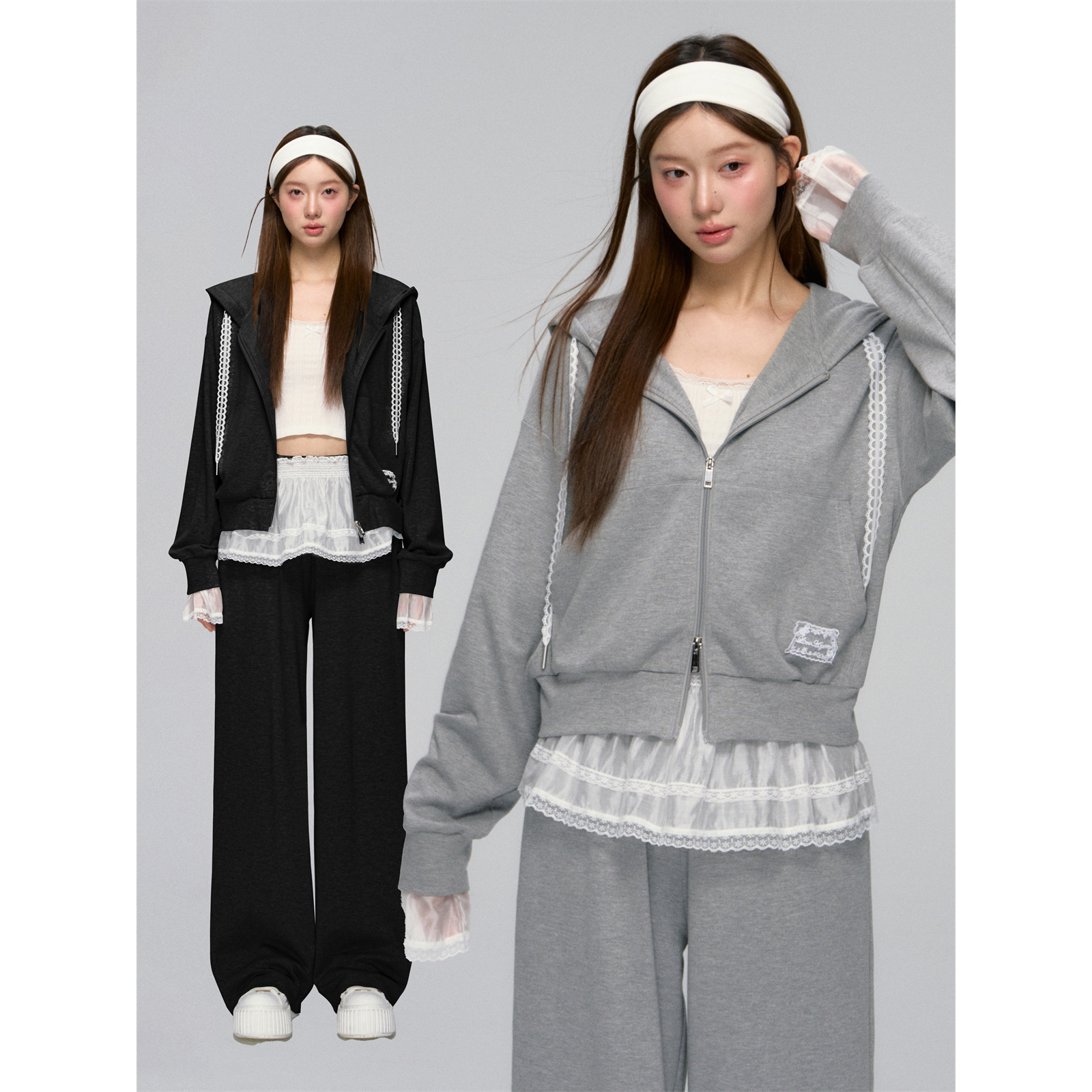 AsGony 25ss  蕾丝帽绳拼接袖口连帽拉链休闲卫衣真两件直筒卫裤