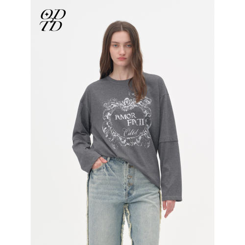 【设计师女装】ODTD26秋季新款设计感假两件做旧印花T恤女上衣