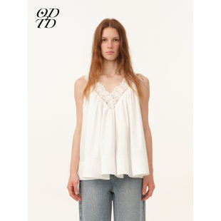 纸感棉与蕾丝V领拼接A字蓬蓬上衣女 ODTD26春夏新款 设计师女装