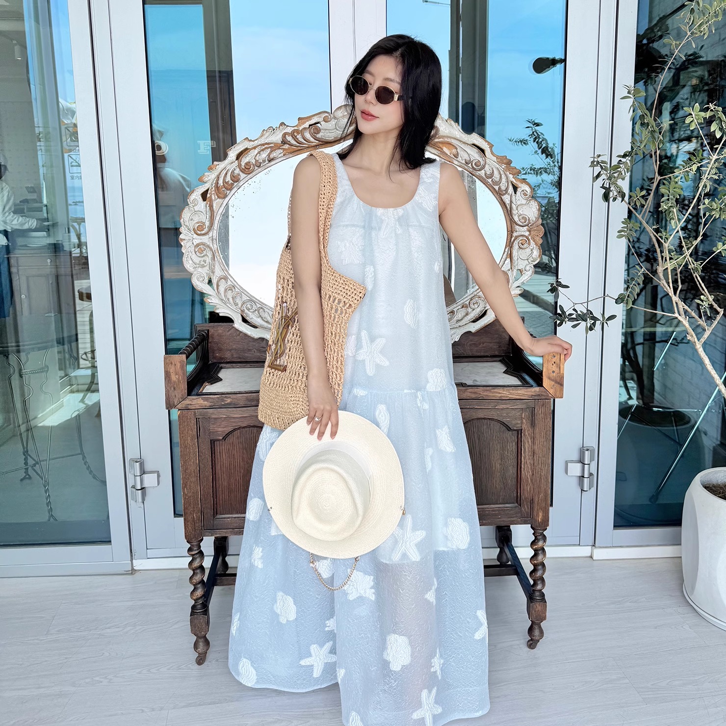ESTER HSU 25SS 长款提花背心连衣裙蓝色
