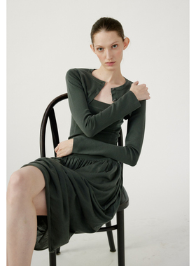 NONETONE 雾灰色长袖极细美丽奴羊毛针织开衫吊带长裙