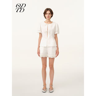 纸感棉与蕾丝拼接泡泡袖 ODTD26春夏新款 收腰上衣女 设计师女装