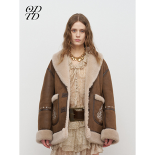 茧形皮毛一体花纹刺绣长外套小香风 ODTD25秋冬新款 设计师女装