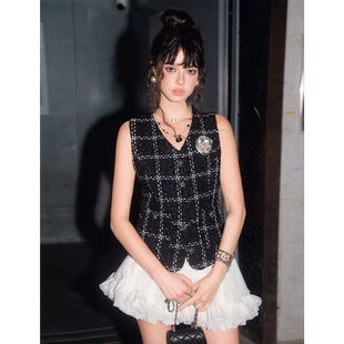 DUO黑白格小香马甲2025年上衣修身 OLIVIA 显瘦女上衣 清货折