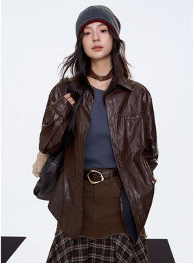 Aimme sparrow25FW 棕色logo标皮衣外套拼接不规则格纹半身裙