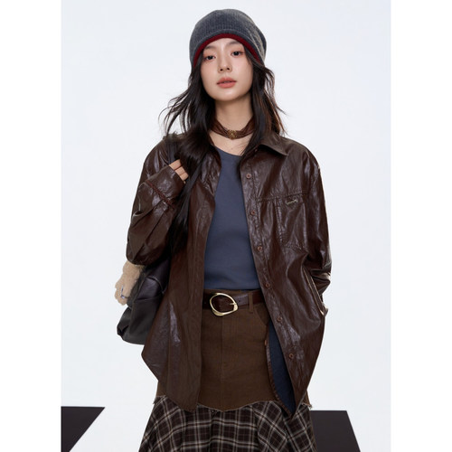 Aimme sparrow25FW 棕色logo标皮衣外套拼接不规则格纹半身裙