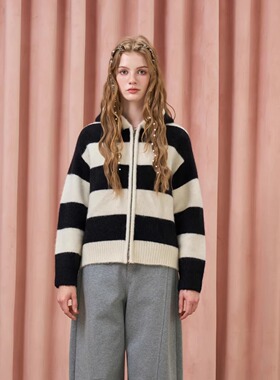 Three Quarters25AW 黑白条纹羊毛拉链毛衣连帽开衫外套