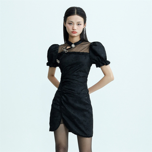 MIYO NAMAS 2R水钻中国风拼接镂空羽纱唯美显瘦旗袍裙 清货折S