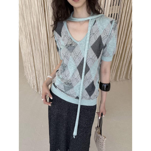 PLAYAPLY·26AW 珠光菱格肌理短袖套衫 