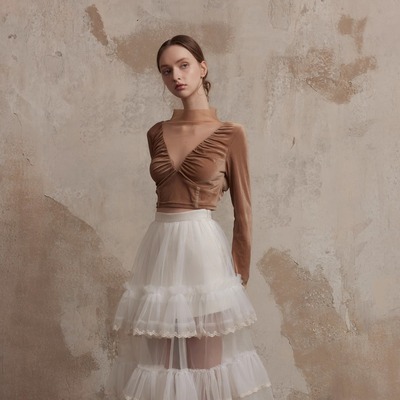 Fa sogno珐颂原创暮色旅人丝绒上衣女短款咖色露背修身长袖打底衫