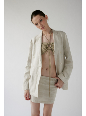 NONETONE 本白亚麻正肩西装外套亚麻logo刺绣极简中高腰短裙