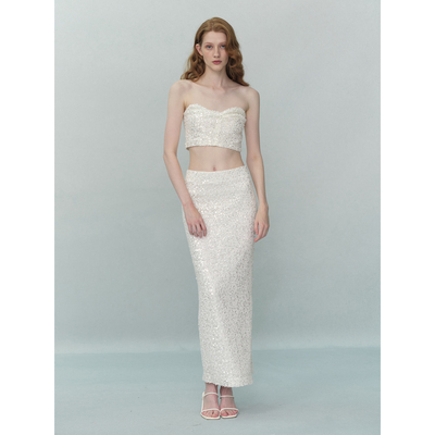 TENSION ARCHIVE满绣手工珍珠亮片不规则立裁抹胸修身半身裙套装