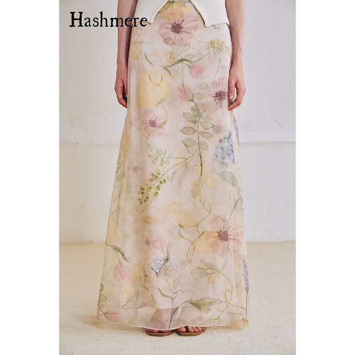 Hashmere 夏新粉色花卉双层印花长裙朦胧罩纱大摆长款度假风半裙
