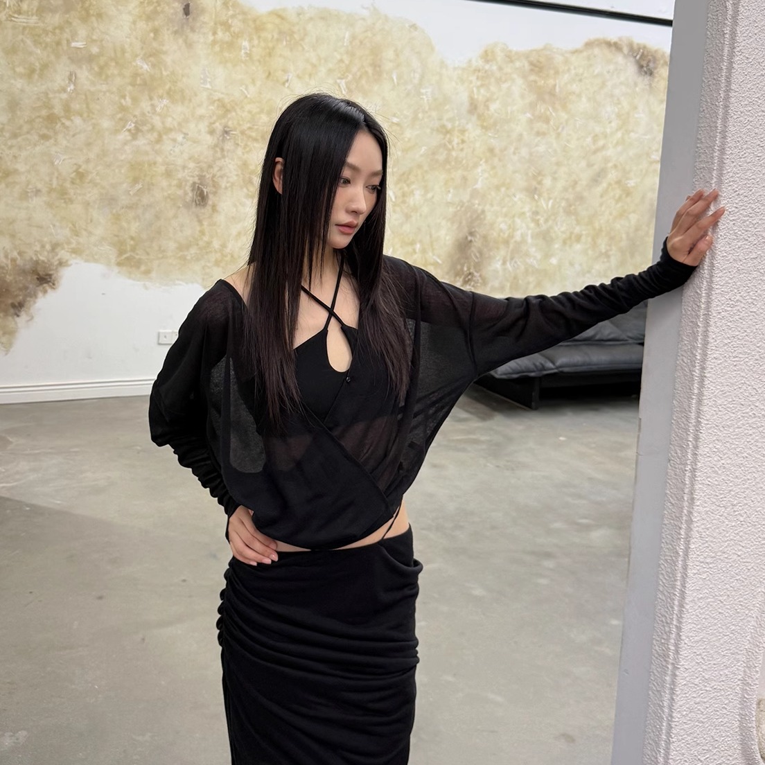 CNLEEWEI 25AW 宽松连帽蝙蝠长袖针织上衣 低腰喇叭裤 直筒半身裙