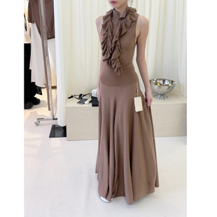 针织伞摆连衣裙 花卡其真丝羊毛荷叶边领无袖 现货NONETONE