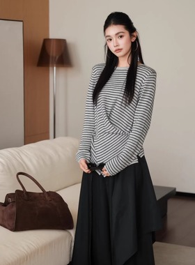 Queen Date 25AW秋冬 灰色不规则条纹长袖黑色不规则阔腿裤