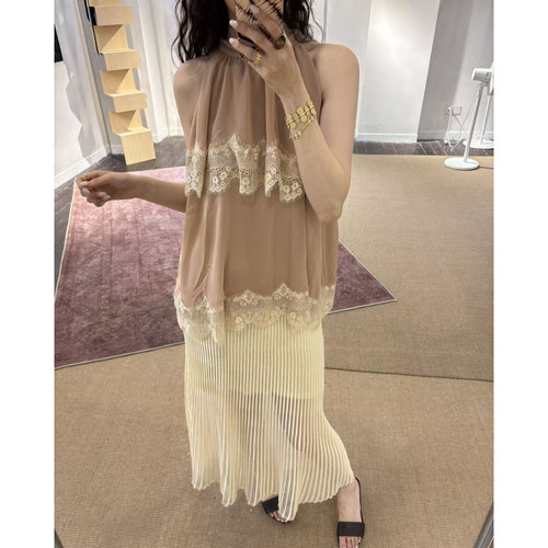 Vena Label 26SS 蕾丝拼接无袖挂脖背心夏季新款宽松微褶吊带上衣