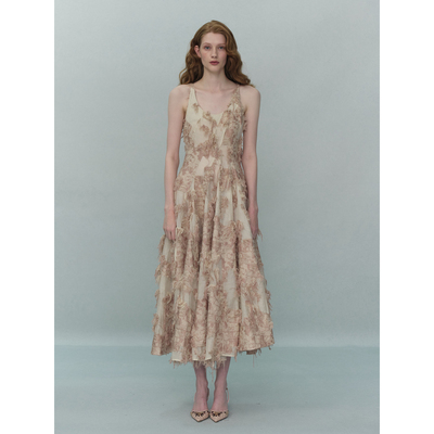 TENSION ARCHIVE 粉色立体磨毛花纹大摆连衣裙女精致气质连衣裙