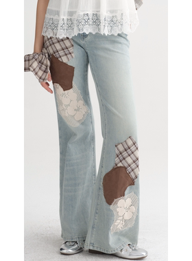 IF BY LAND设计师26ss 法式复古蓝色贴布牛仔喇叭裤