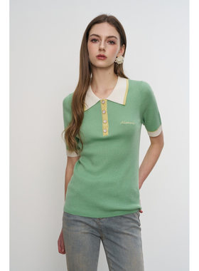 Aimme sparrow25SS 刺绣polo针织短袖上衣蝴蝶刺绣开叉流苏牛仔裤