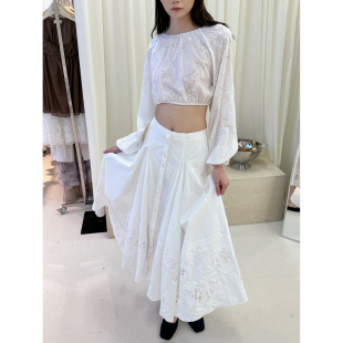 现货NONETONE 短上衣插袋廓形半身裙 静雅徽纹logo绣花系带灯笼袖