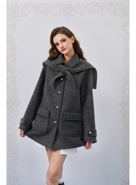 Three Quarters 26SS新款 灰色苏丽羊驼羊毛海军领呢大衣