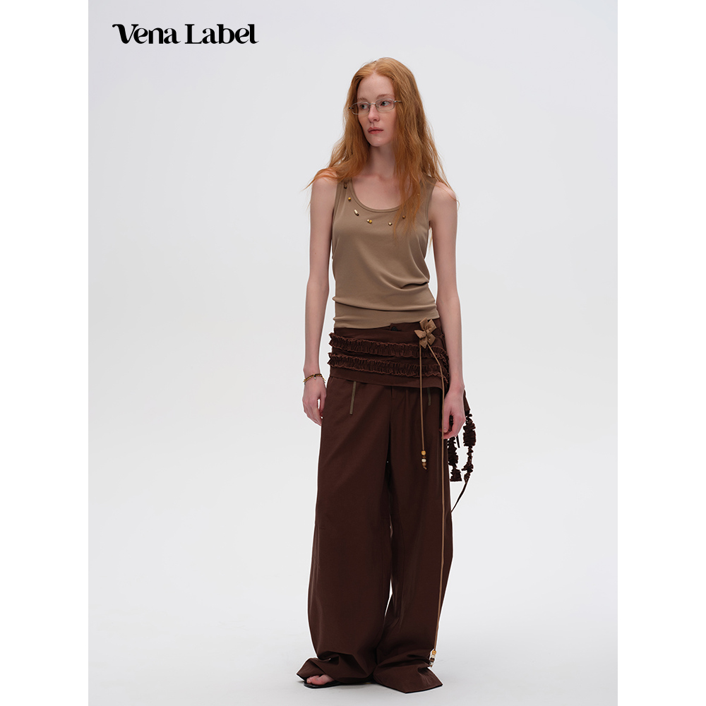 Vena Label 25PF新款 手工钉珠罗纹针织背心无袖吊带 天丝棉长裤