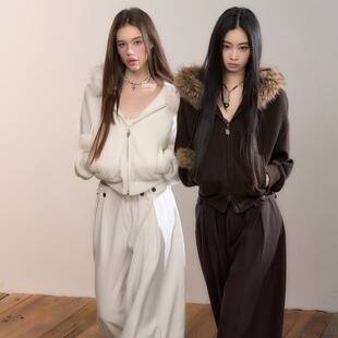 VIAPITTI 25AW 连帽可拆卸毛领抽绳毛球卫衣外套宽松直筒阔腿长裤