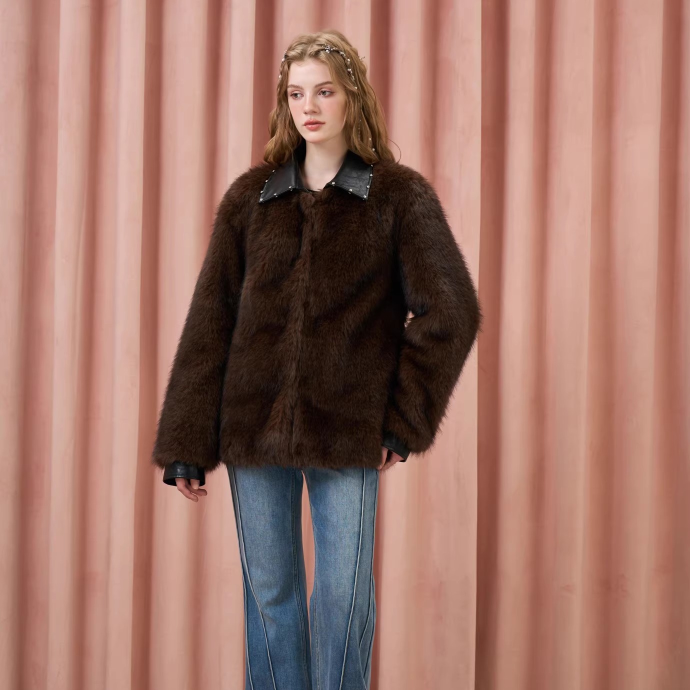 Three Quarters25AW 棕色老钱风拼皮绗棉环保皮草