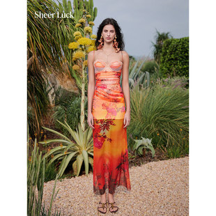 Sheer Floral 网纱日落氛围感吊带度假风鱼骨修身 连衣裙长裙 Luck