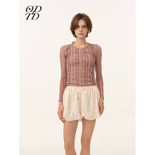 印花弹力蕾丝镂空假两件长袖 ODTD26春夏新款 上衣女 设计师女装