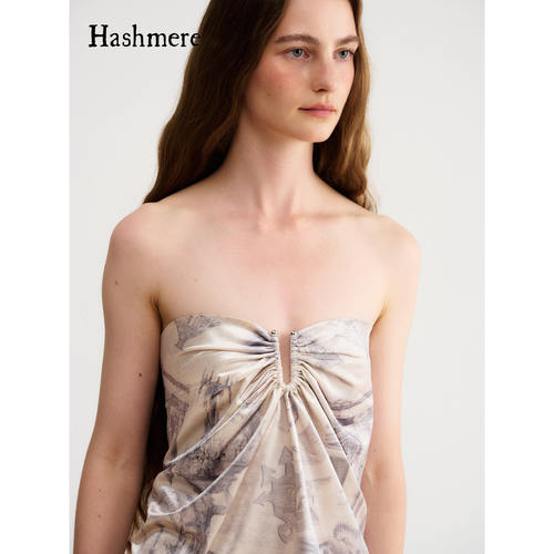 Hashmere 26SS 印花醋酸丝绒U型环褶皱上衣法式度假风气质抹胸