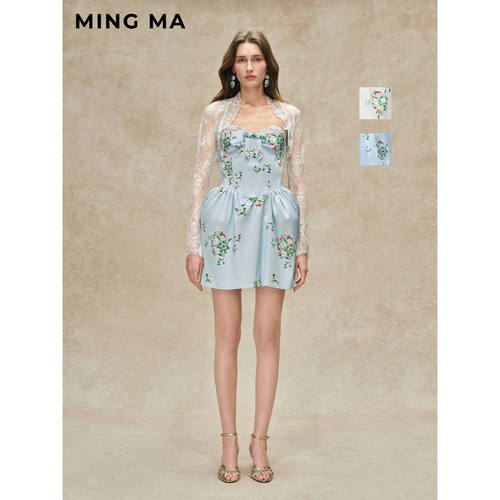 【新品】MING MA 2026春夏系列 浪漫甜美 印花缎面抹胸连衣裙