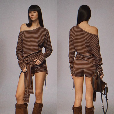 CNLEEWEI 25AW新款咖色条纹斜肩褶皱上衣围裹式短裤套装
