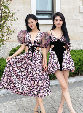 现货 For Love and Lemons紫色碎花泡泡袖鱼骨腰封长款连衣裙