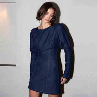 泡泡袖 MISHA 包身迷你裙深蓝色连衣裙 4折秒杀