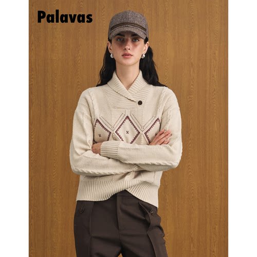 【新品】palavas索邦诗会针织上衣菱格纹针织v型翻领针织上衣原创