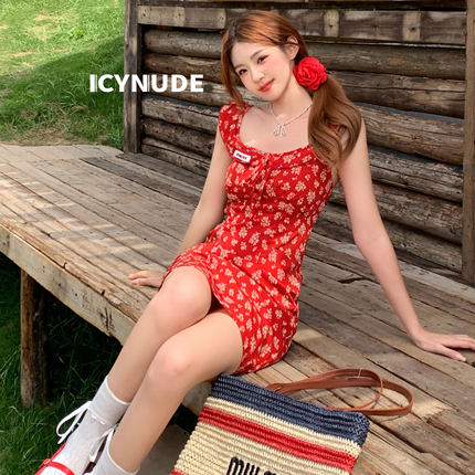 IcyNude 25SS新款 红色碎花雪纺裙