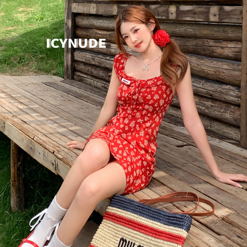 IcyNude 25SS新款 红色碎花雪纺裙