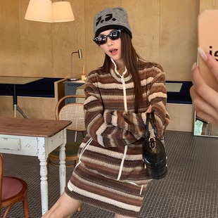 新款 ODTD25秋季 条纹撞色羊毛休闲外套上衣短裙套装 设计师女装