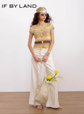 IF BY LAND 设计师品牌2026春季新款黄色渐变条纹修身短袖开衫